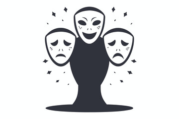 Three masks showing happy and sad emotions float as abstract entities with dark shadows