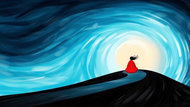 A painterly animation of a lone figure on a journey towards a glowing light. Stylized digital illustration with a swirling blue tunnel. A 2D digital animation with a painterly, expressionistic style. 
