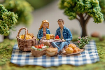 A delightful miniature couple enjoys a charming outdoor picnic on a checkered blanket, surrounded by food, bread, and tiny trees.