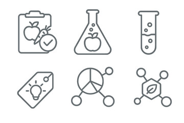 Nutrition Science Icons. Line style icons of nutrition science: food research and innovation, laboratory flask with food icon,