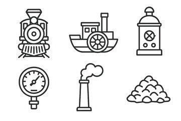 Steam-Powered Icons. Line style icons of Steam-Powered Transportation: steam locomotive front, steamboat paddle, boiler chamber,