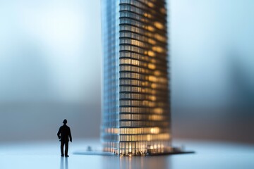 A tiny figurine stands before a towering, illuminated skyscraper model, highlighting scale and architectural ambition in an urban context.