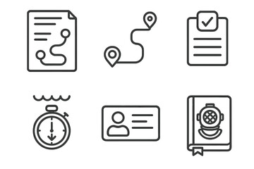 Exploration Mission Icons. Line style icons of Exploration Missions: mission planner sheet, route path icon, objective checklist,