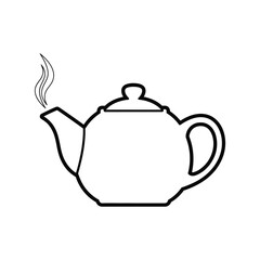 Classic black and white outline of a steaming teapot isolated on white background