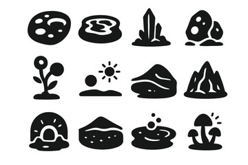 Alien World Icons. Solid style icons of alien worlds: crater, lava pool, crystal spire, alien plant, two suns, strange rock,