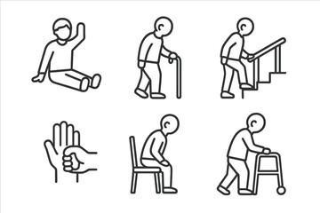 Geriatric Physiotherapy Icons. Line style icons of geriatric physiotherapy: senior exercise, cane walking, stair training, chair