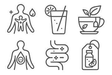 Holistic Healing Icons. Line style icons of holistic healing: detox and cleansing, lemon water glass, detox tea icon, body toxin