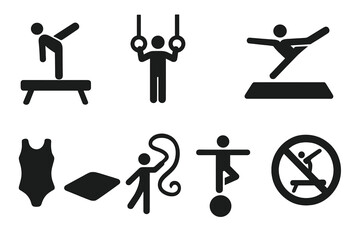 Gymnastics Icon Set. Solid style icons of Gymnastics: Beam, Rings, Floor, Vault, Leotard, Mat, Ribbon, Balance, No text, No labels