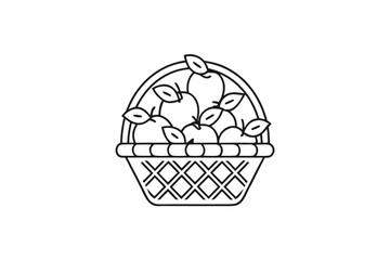 Woven basket overflowing with ripe apples and leaves is rendered in a simple outline