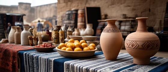 Colorful pottery and fresh fruits are arranged on tables in a lively market, highlighting local craftsmanship and culture