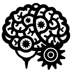 Stylized brain silhouette with interlocking gears representing thought process