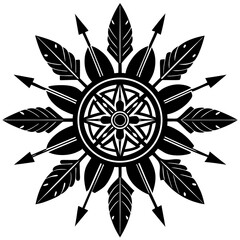 Circular native american inspired arrow and feather emblem silhouette design