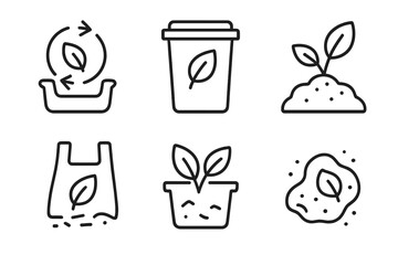 Biodegradable Plastics Icons. Line style icons of biodegradable plastics: composting process, green bin symbol, soil breakdown