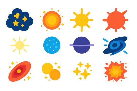 Star Life Cycle Icons. Flat vector icons of star life cycle: stellar nursery cloud, protostar glow, main sequence star, red giant,
