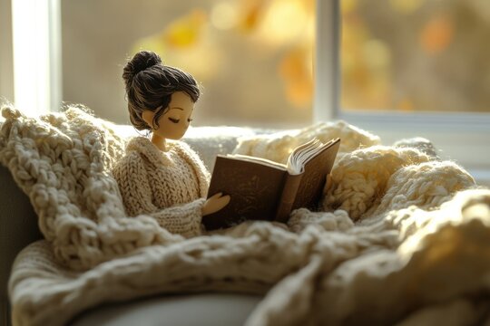 A charming miniature figurine, nestled cozily in a chunky knit blanket, peacefully reads a book by warm window light, embodying serene comfort and quiet contemplation.