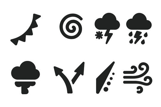Weather System Icons. Solid style icons of weather system interaction: Cold Front Curve, Low Pressure Spiral, Storm Overlay, Snow