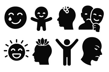Emotional State Icons. Solid style icons of emotional and mental states: Joy Tear, Inner Child, Ego Dissolution, Fear Mask, Laugh