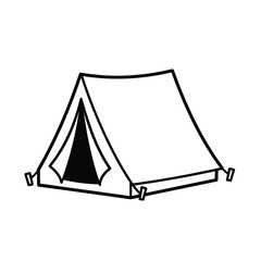 Simple black and white outline drawing of a canvas camping tent isolated on white background