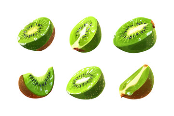 Fototapeta premium Fresh slices and halves of ripe kiwi fruit showing green flesh and black seeds isolated on a dark surface for healthy eating concepts isolated on transparent background