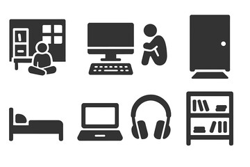 Hikikomori Room Icons. Solid style icons of Hikikomori Culture: Room, Computer, Isolation, Light Under Door, Bed, Laptop,