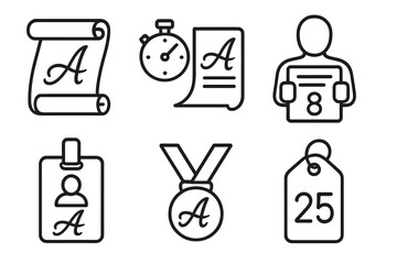 Calligraphy Competition Icons. Line style icons of Calligraphy Competitions and Events: competition scroll, timed writing icon,