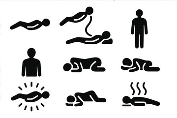 Astral Projection Icons. Solid style icons of astral projection experience: Floating Body, Silver Cord, Spirit Form, Reclined