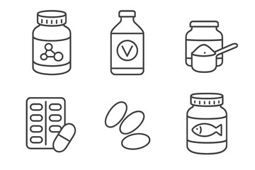 Fototapeta premium Ketogenic Supplement Icons. Line style icons of ketogenic diet: keto supplements, exogenous ketones bottle, MCT oil jar, collagen