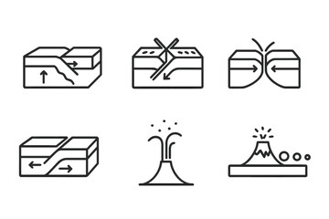 Volcanology Line Icons. Line style icons of volcanology: tectonic boundary, convergent plate, divergent rift, transform fault,