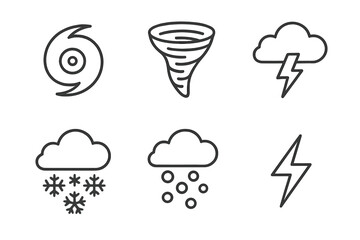 Fototapeta premium Severe Weather Icons. Line style icons of severe weather: hurricane, tornado, thunderstorm, blizzard, hailstorm, lightning strike.