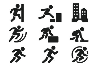 Urban Parkour Icons. Solid style icons of Urban Free Running: Parkour, Wall Run, Precision Jump, Urban Environment, Flow, Vault,