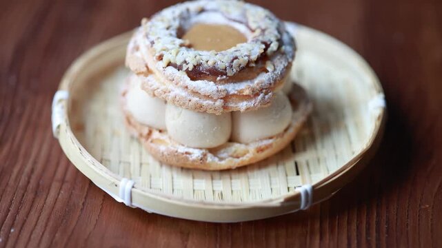 Close-Up of Pistachio and Pumpkin Christmas Paris-Brest Dessert