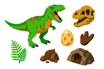 Naklejka premium Prehistoric Icon Set. Isometric vector illustration set Prehistoric Icons: roaring T-Rex, fossil skull, dinosaur egg, footprint