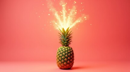 A pineapple with a magical glow on a pink background in studio shot
