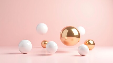 Abstract white and gold sphere on pink background in studio shot