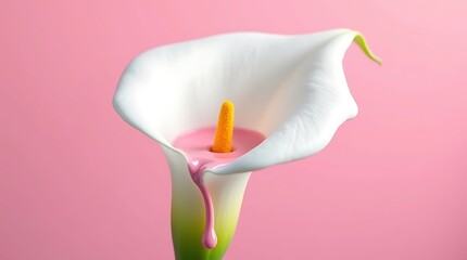 Calla lily with pink paint dripping on a pink background in studio shot