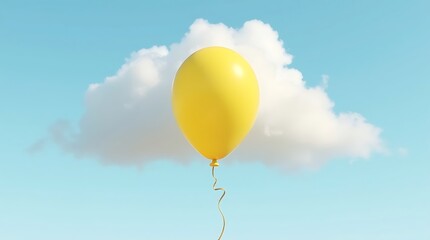 Yellow balloon floats against a backdrop of fluffy white cloud and blue sky