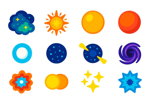 Star Life Cycle Icons. Flat vector icons of star life cycle: stellar nursery cloud, protostar glow, main sequence star, red giant,