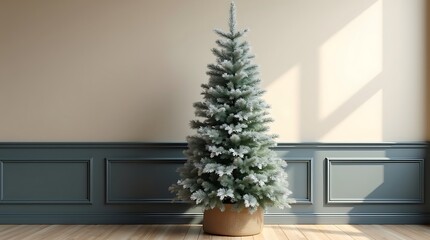Christmas tree with snow in a living room with wooden floor and paneling