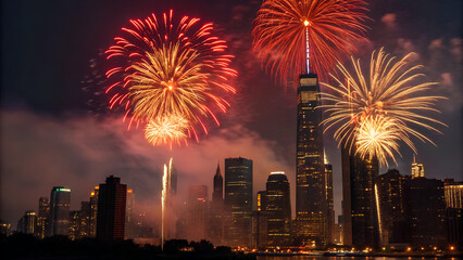 Fototapeta premium A colorful fireworks display over the city at night for a New Year's celebration