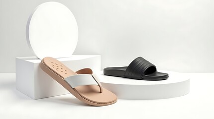 Two pairs of stylish sandals on white pedestals isolated on white background