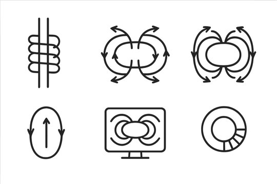Nuclear Fusion Icons. Line style icons of nuclear fusion: magnetic field coil, poloidal field, toroidal field icon, magnetic flux