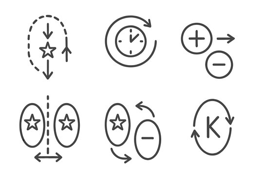 Particle Physics Icons. Line style icons of particle physics: CPT symmetry, time reversal, charge conjugation, parity flip, CP