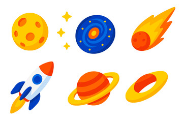Naklejka premium Universe Icon Set. Isometric vector illustration set Universe Icons: cratered moon, dotted stars, round galaxy, blazing comet,