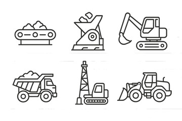 Mining Equipment Icons. Line style icons of mining equipment: conveyor belt, crusher, excavator, dump truck, drilling rig, loader.