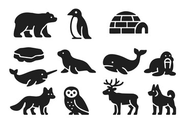 Fototapeta premium Polar Life Icons. Solid style icons of polar life essentials: polar bear, penguin, igloo, ice floe, seal, whale, narwhal, walrus,