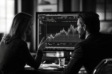 Two professionals in a black and white image intently analyze complex financial market data on a computer screen, discussing trends.