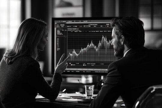 Two professionals in a black and white image intently analyze complex financial market data on a computer screen, discussing trends.