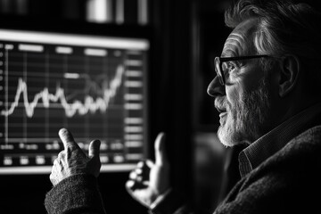 A focused elderly man with glasses intently analyzes complex financial market data displayed on a screen, gesturing at the stock charts.