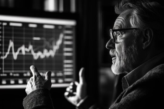 A focused elderly man with glasses intently analyzes complex financial market data displayed on a screen, gesturing at the stock charts.
