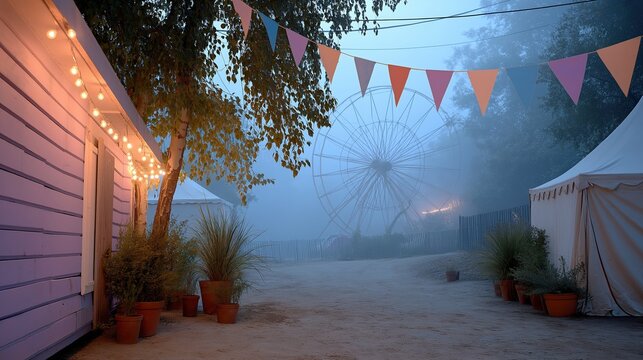 An empty festival fairground with a ferris wheel on a foggy morning. Atmospheric scene with glowing string lights and party decorations. Moody outdoor event background